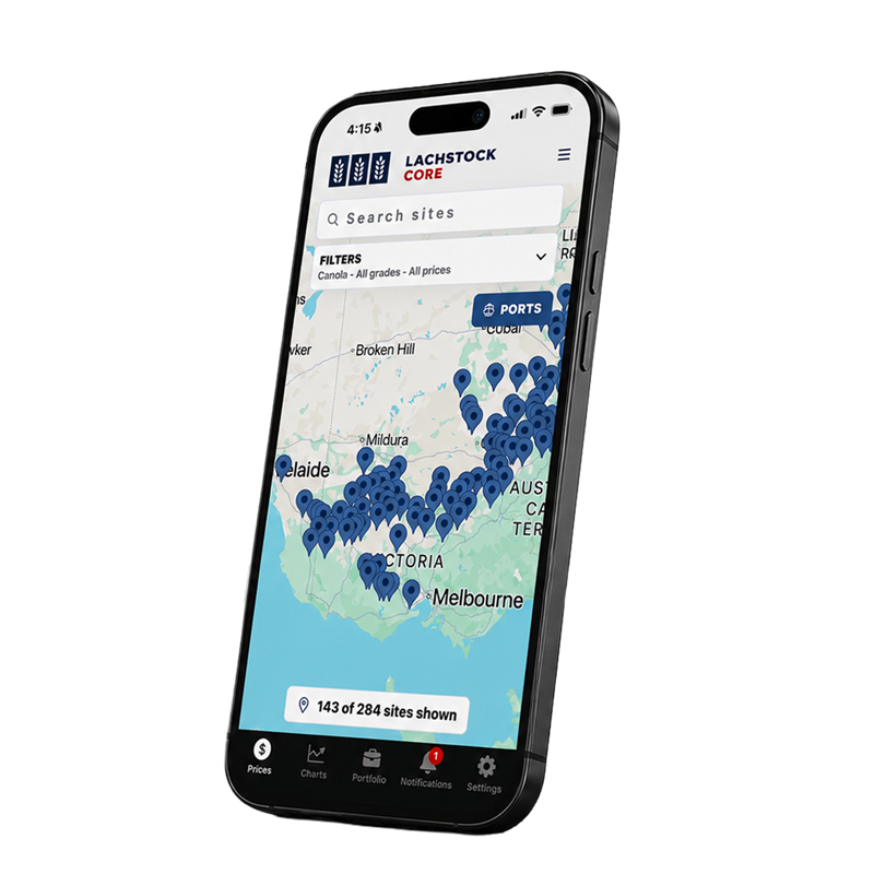 Lachstock Core mobile app showing grain pricing sites across Australia